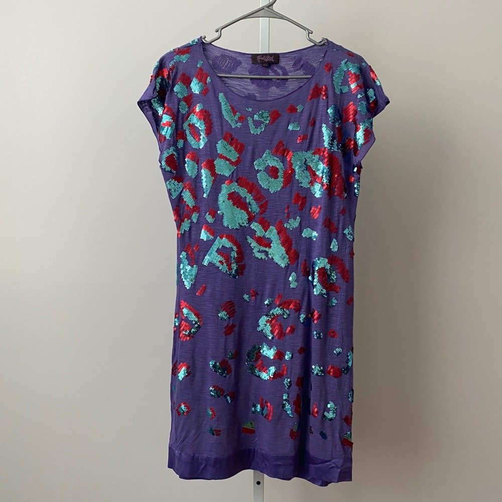 Hale Bob Boho Quirky Sequin Abstract Animal Print Tunic Dress XS Purple